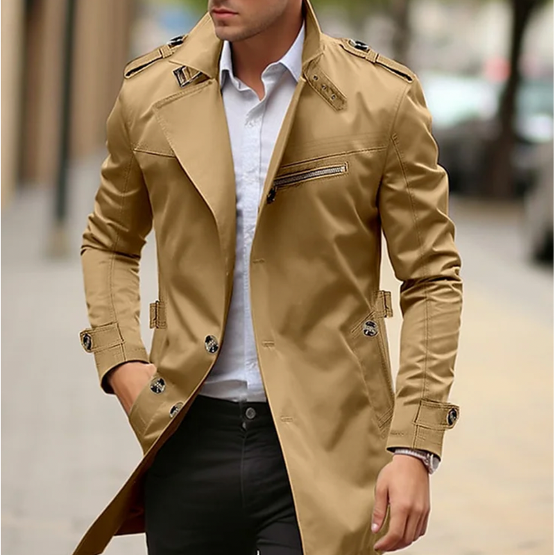 Men's Classic Trench Coat with Epaulettes in Brown