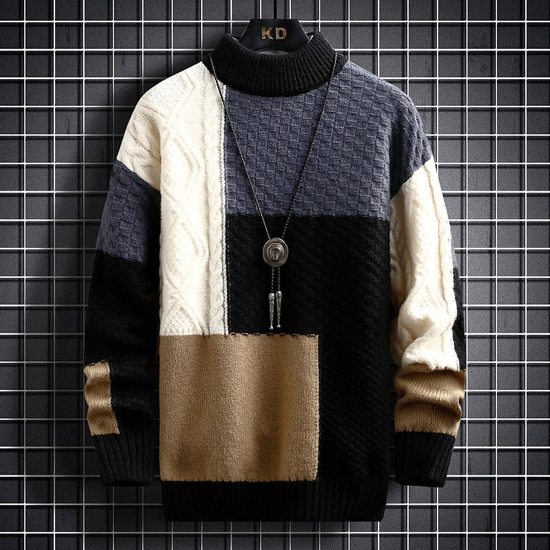 Men's color block knit sweater in black – front view