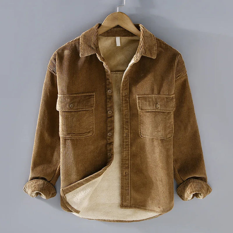Men's Corduroy Shirt Jacket with Button Front in Khaki
