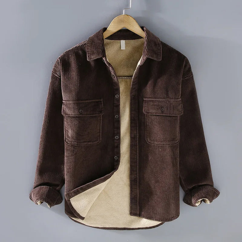 Men's Corduroy Shirt Jacket with Button Front in Brown