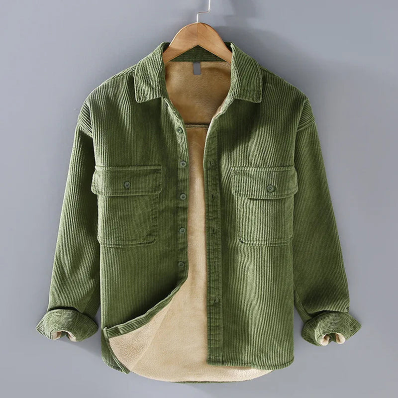 Men's Corduroy Shirt Jacket with Button Front in Green
