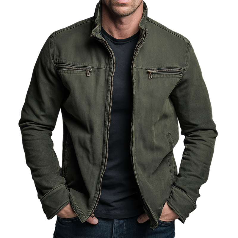 Men's Cotton Zip Jacket with Chest Pockets in Army Green