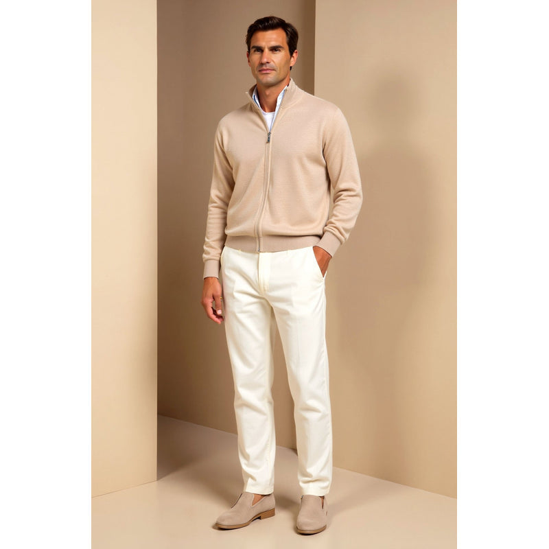 Men's Fine Knit Full Zip Cardigan with Stand Collar in Beige