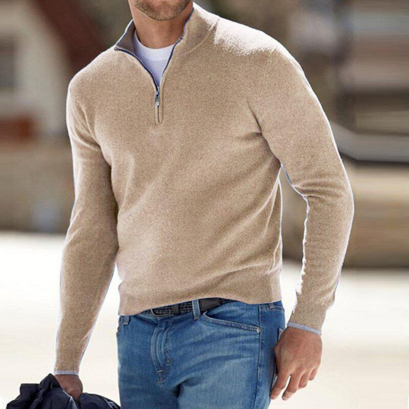 Men's Fine Knit Quarter Zip Sweater in Beige