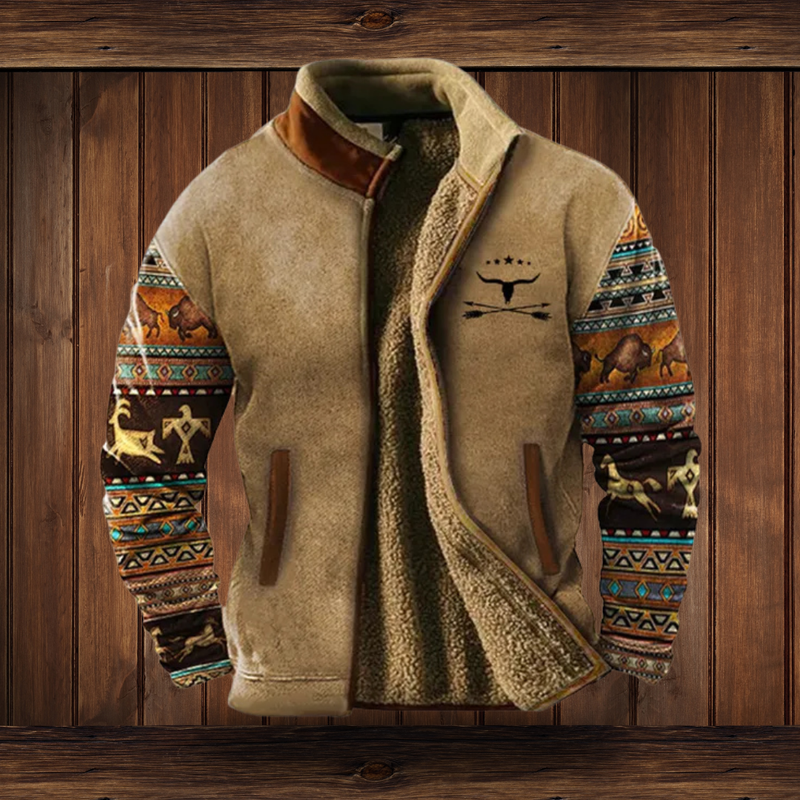 Men's Fleece Lined Stand Collar Jacket in Brown Pattern