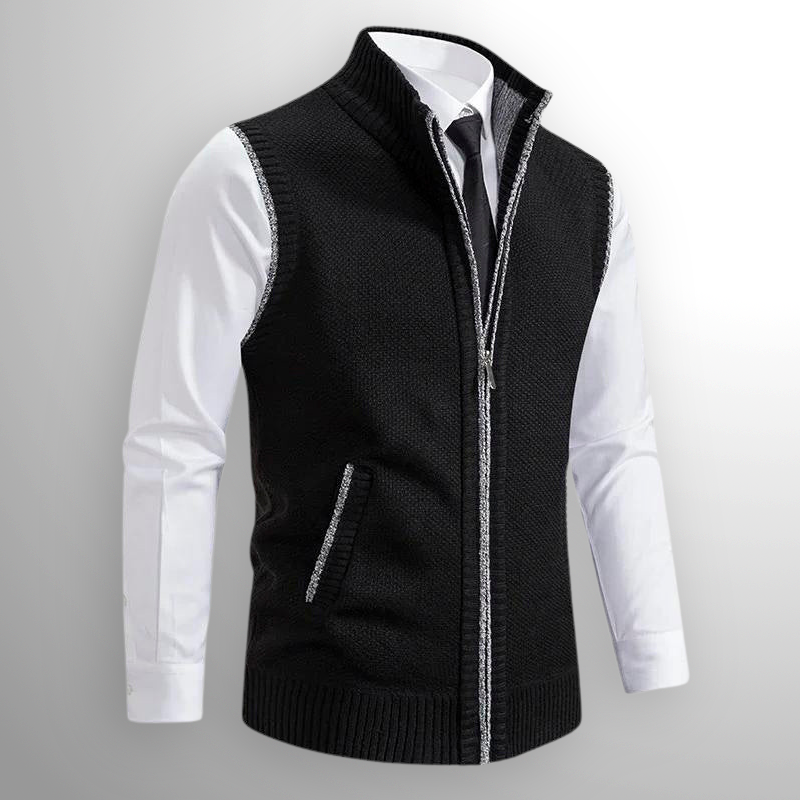 Men's Full Zip Knit Vest with Fold-Down Collar in Black