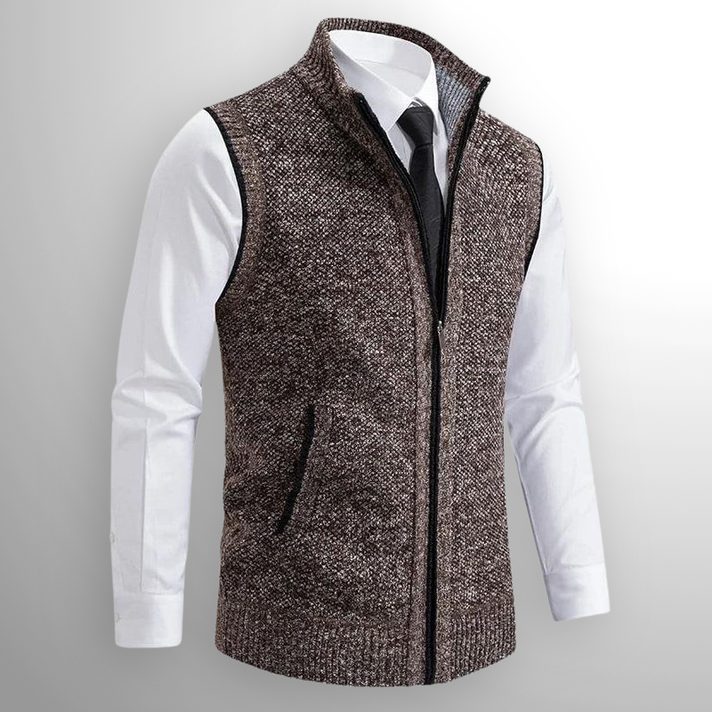 Men's Full Zip Knit Vest with Fold-Down Collar in Brown