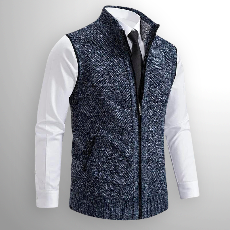 Men's Full Zip Knit Vest with Fold-Down Collar in Blue
