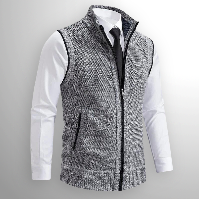 Men's Full Zip Knit Vest with Fold-Down Collar in Gray