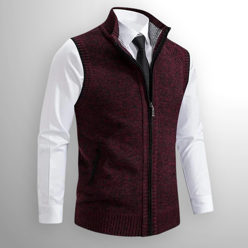 Men's Full Zip Knit Vest with Fold-Down Collar in Red