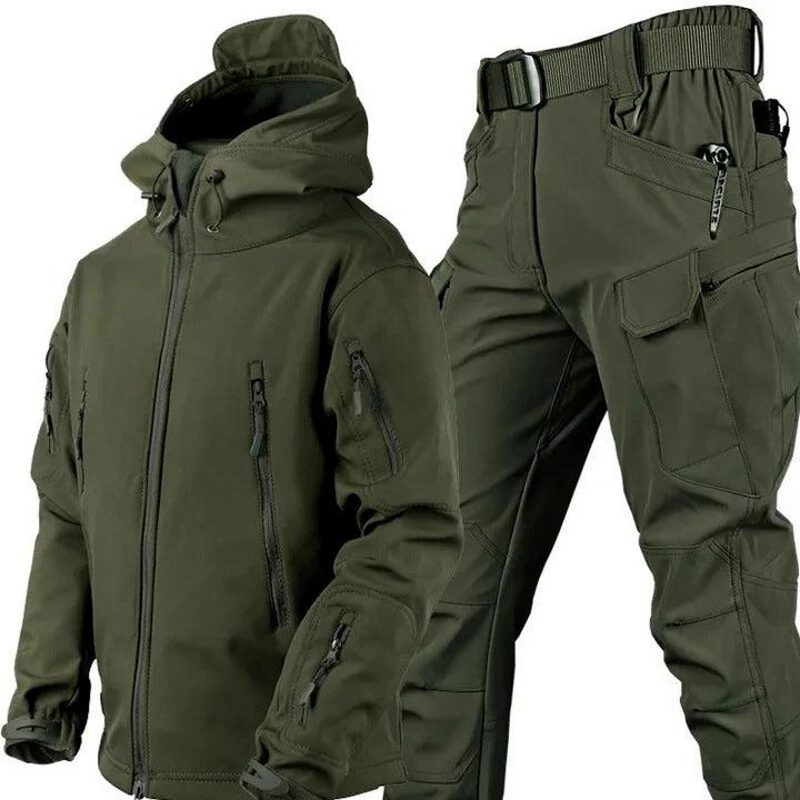 Men's Hooded Outdoor Jacket and Cargo Trousers Set in Dark Green