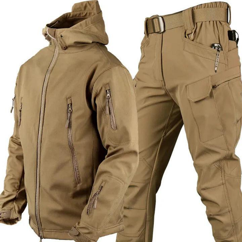 Men's Hooded Outdoor Jacket and Cargo Trousers Set in Camel