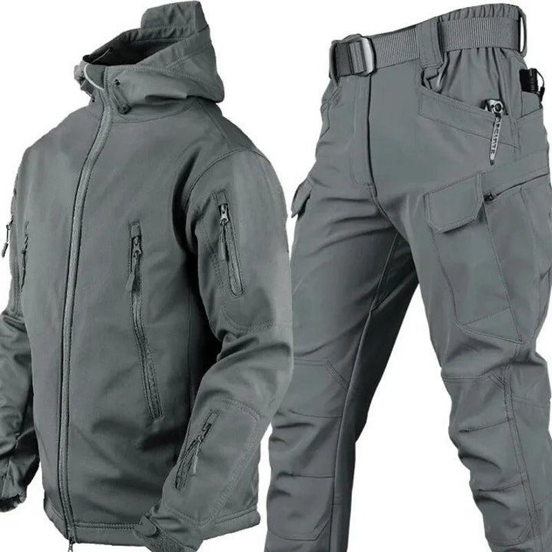Men's Hooded Outdoor Jacket and Cargo Trousers Set in Gray