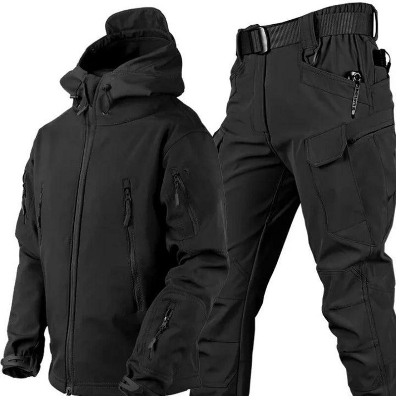 Men's Hooded Outdoor Jacket and Cargo Trousers Set in Black