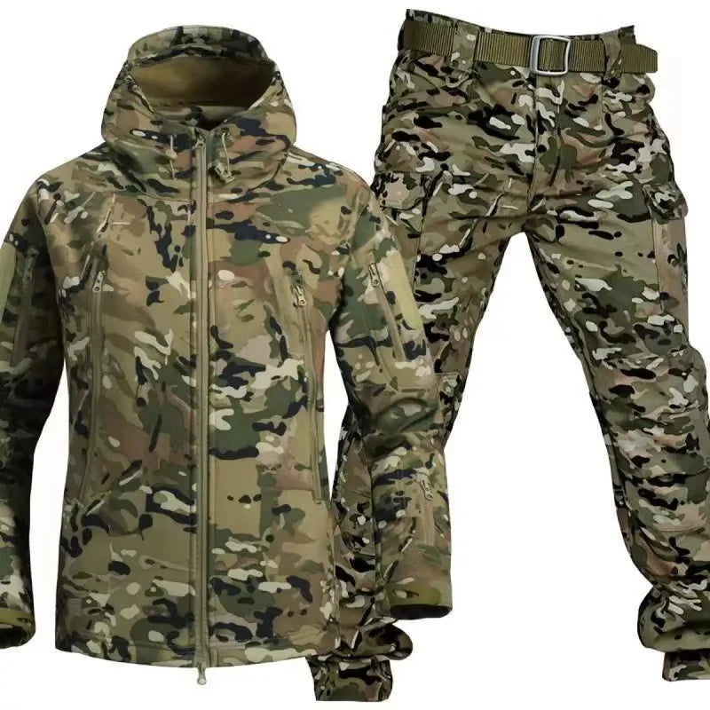 Men's Hooded Outdoor Jacket and Cargo Trousers Set in Beige Camouflage