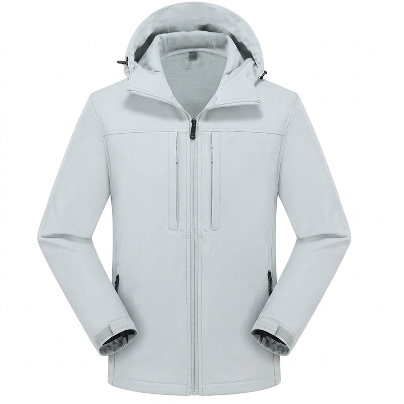 Light gray men's hooded softshell jacket, front view