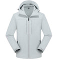 Light gray men's hooded softshell jacket, front view