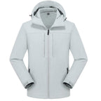 Light gray men's hooded softshell jacket, front view