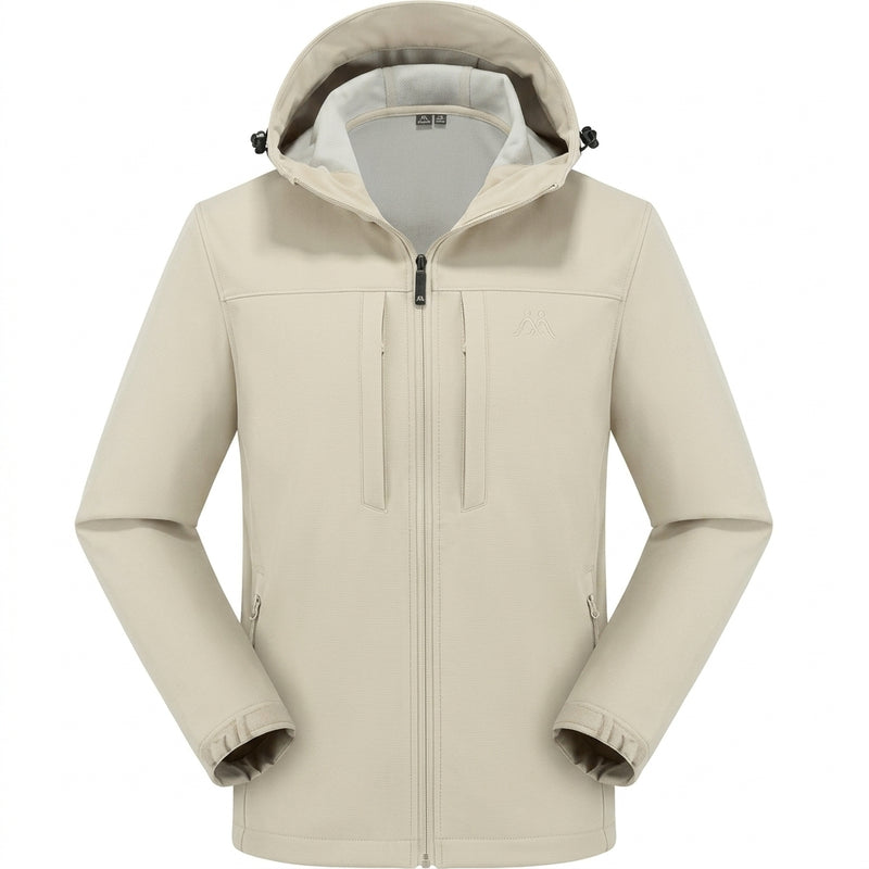 Beige men's hooded softshell jacket