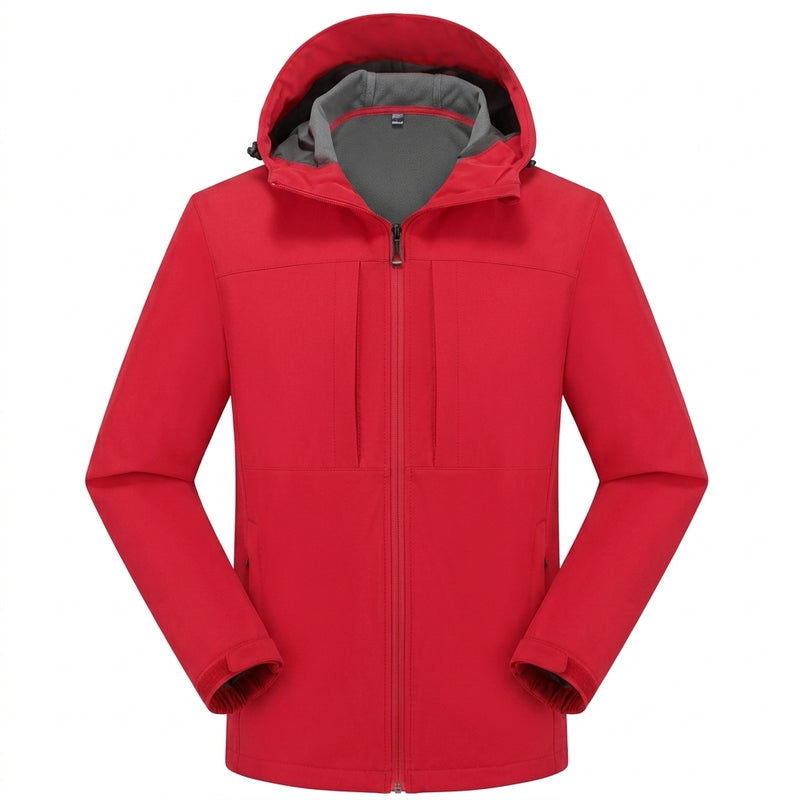 Red men's hooded softshell jacket, front view