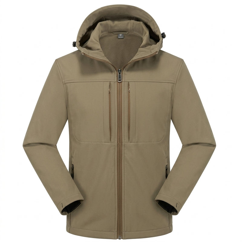 Khaki men's hooded softshell jacket, front view