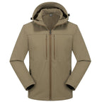 Khaki men's hooded softshell jacket, front view