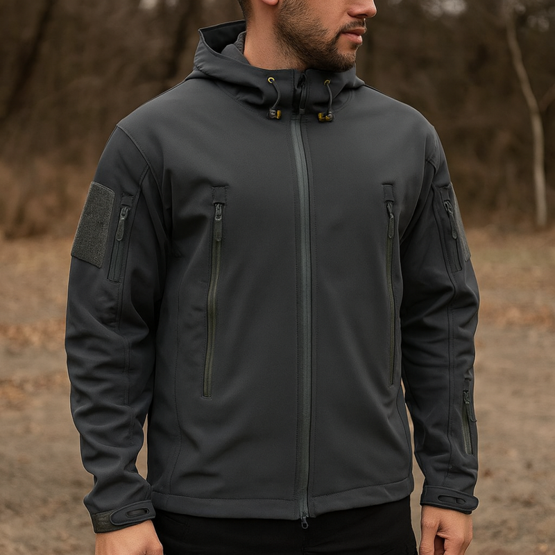 Men's Hooded Softshell Jacket with Zip Pockets in Black
