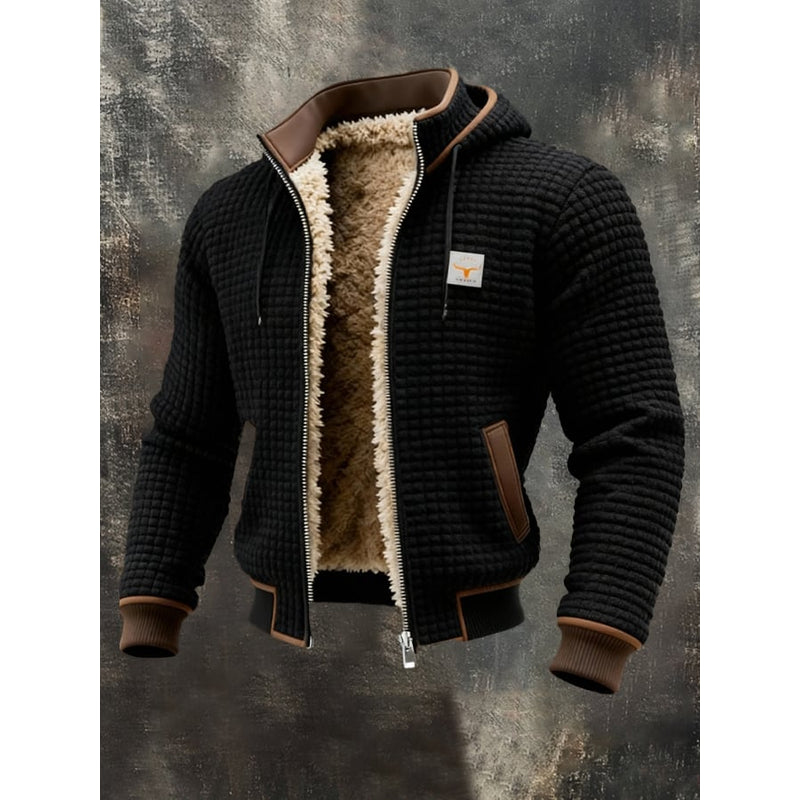 Men's Hooded Waffle Knit Jacket in Black