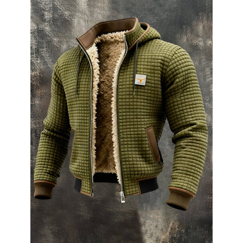 Men's Hooded Waffle Knit Jacket in Olive Green