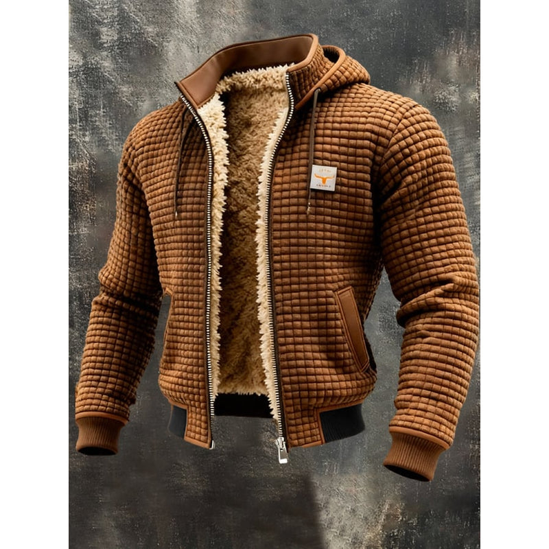 Men's Hooded Waffle Knit Jacket in Brown