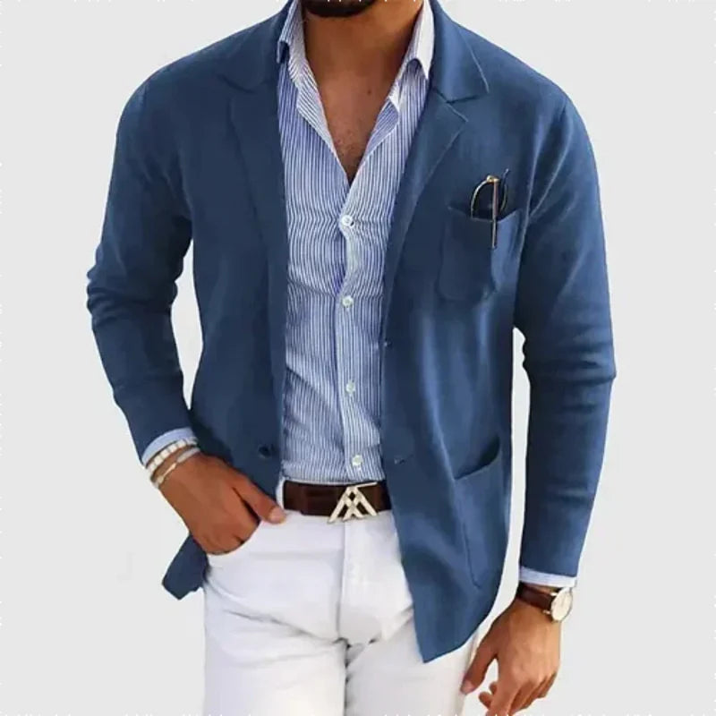 Men's Knit Blazer with Patch Pockets in Blue