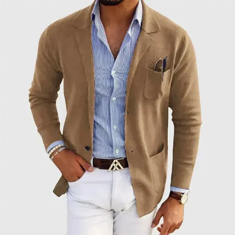 Men's Knit Blazer with Patch Pockets in Beige