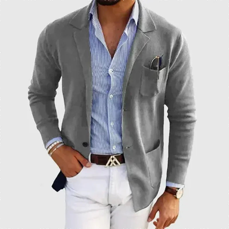 Men's Knit Blazer with Patch Pockets in Light Gray