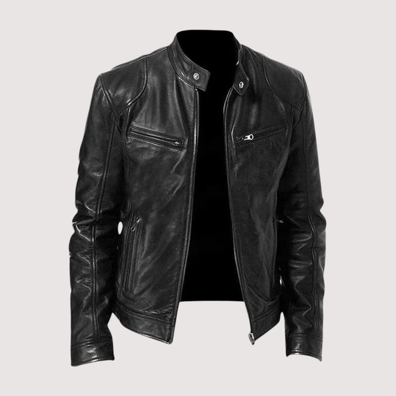 Men's Leather-Look Jacket with Snap Collar in Black