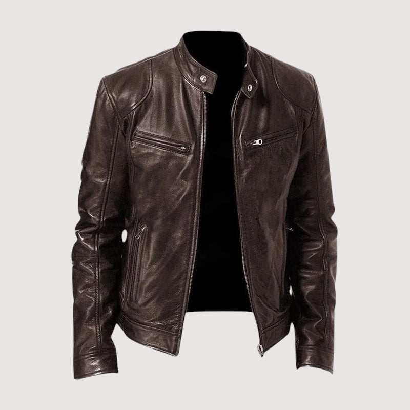 Men's Leather-Look Jacket with Snap Collar in Dark Brown
