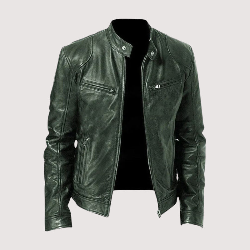 Men's Leather-Look Jacket with Snap Collar in Dark Green