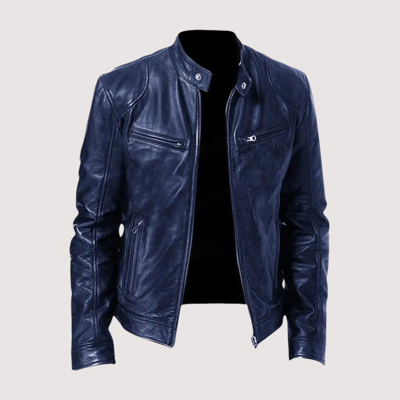Men's Leather-Look Jacket with Snap Collar in Dark Blue
