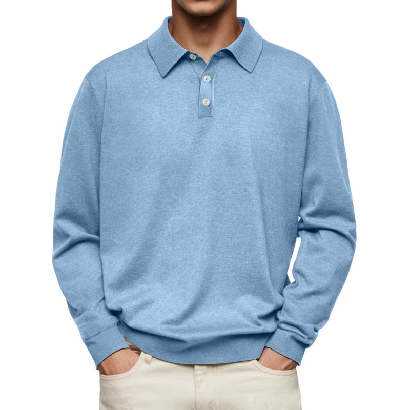 Men's Long Sleeve Knit Polo with Button Placket in Light Blue