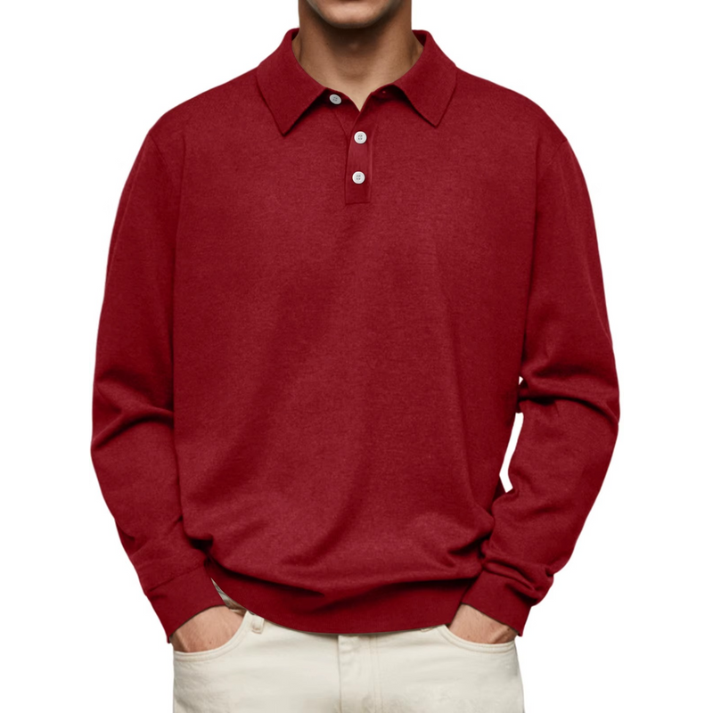 Men's Long Sleeve Knit Polo with Button Placket in Red