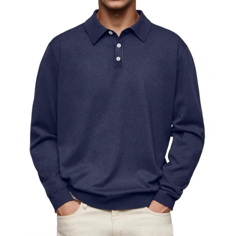 Men's Long Sleeve Knit Polo with Button Placket in Navy Blue