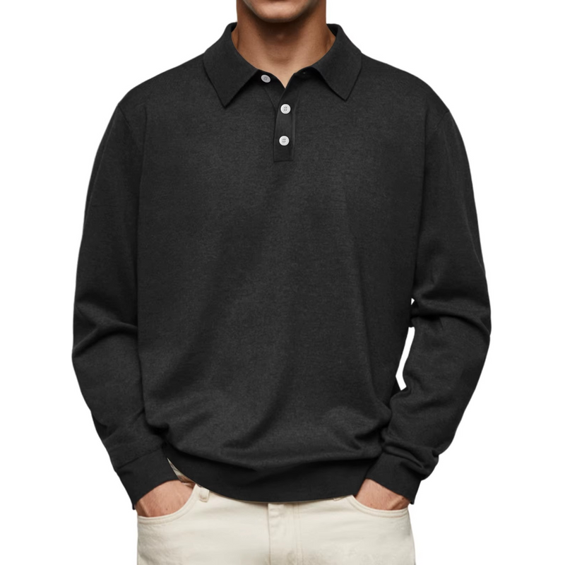 Men's Long Sleeve Knit Polo with Button Placket in Black