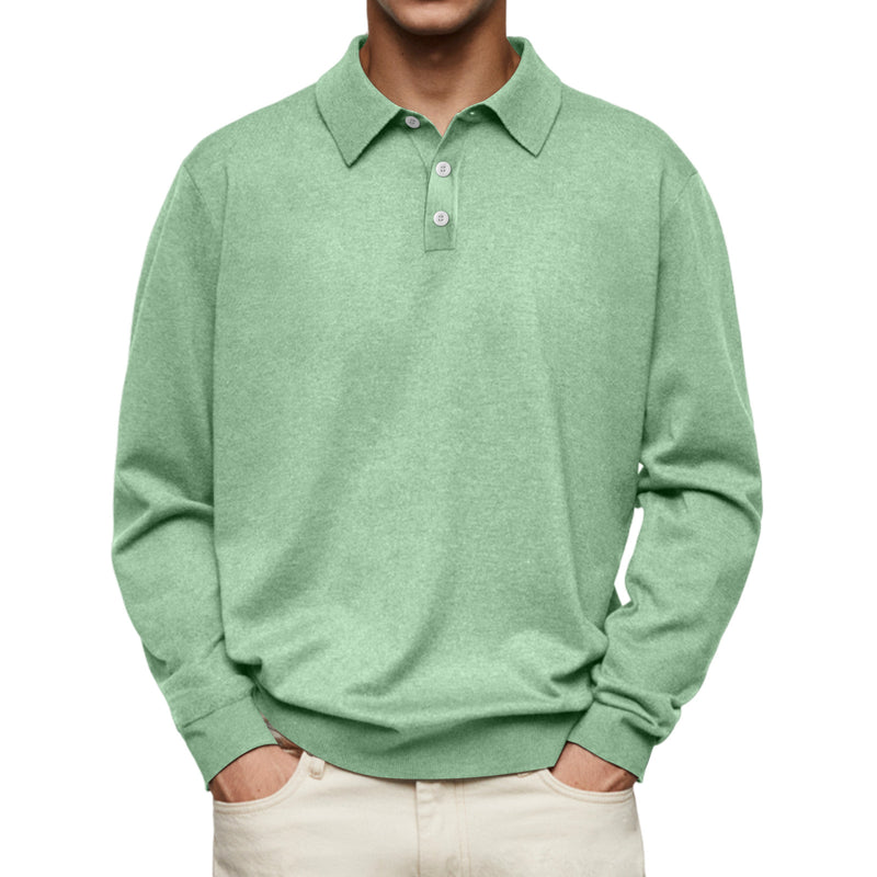 Men's Long Sleeve Knit Polo with Button Placket in Light Green