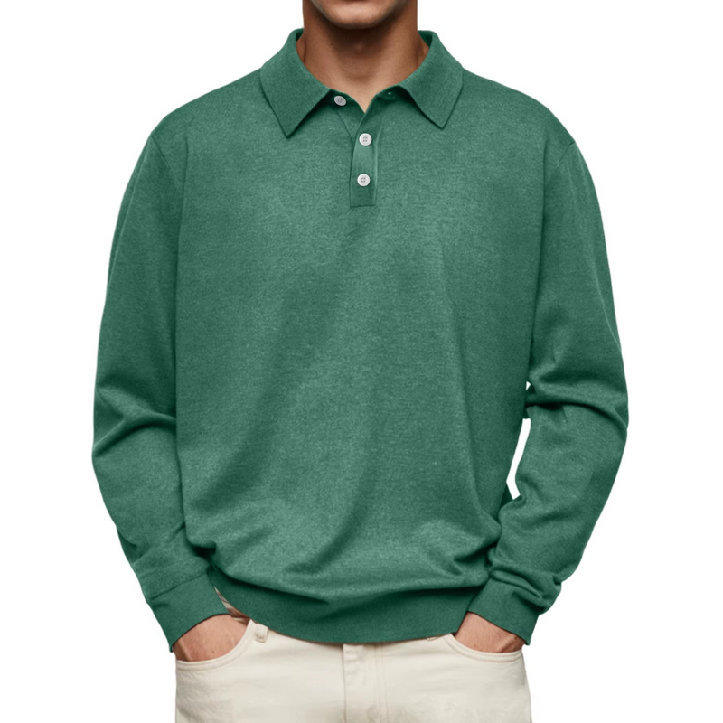 Men's Long Sleeve Knit Polo with Button Placket in Dark Green