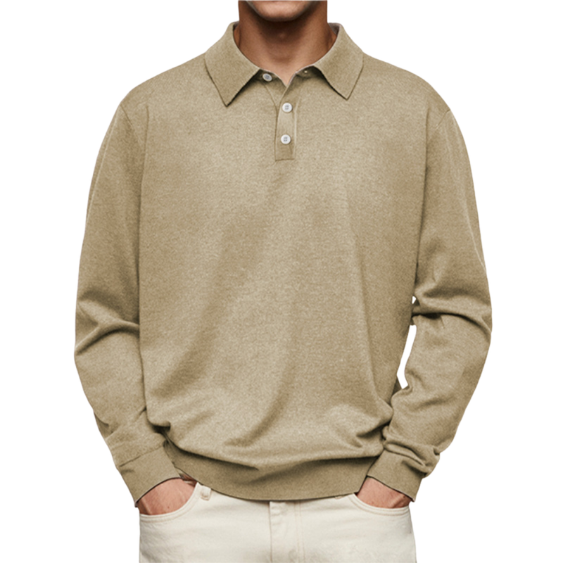 Men's Long Sleeve Knit Polo with Button Placket in Khaki