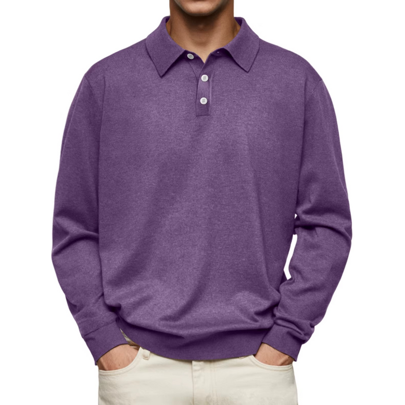 Men's Long Sleeve Knit Polo with Button Placket in Purple