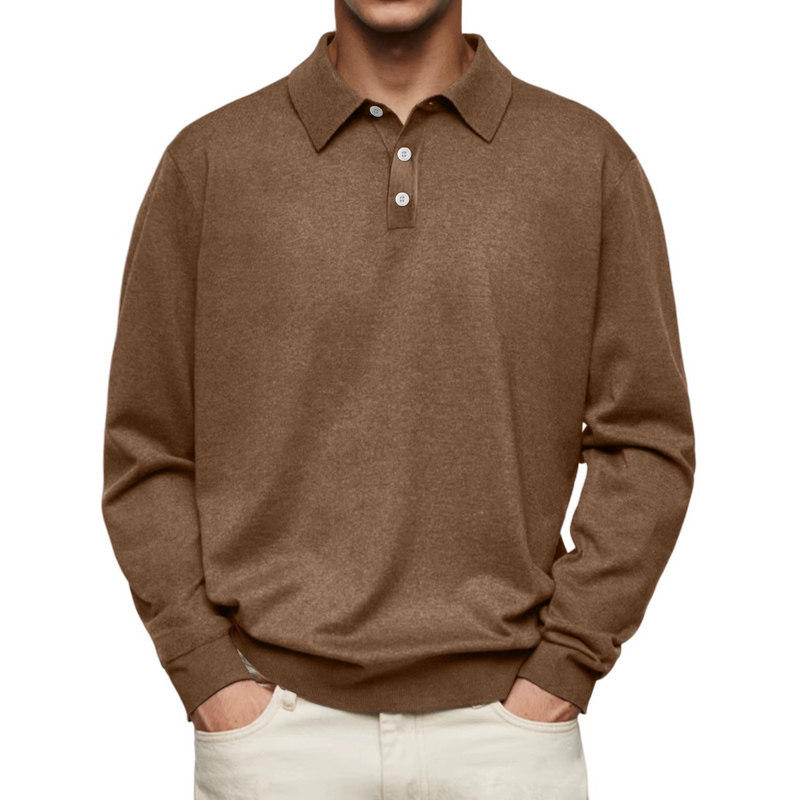Men's Long Sleeve Knit Polo with Button Placket in Brown