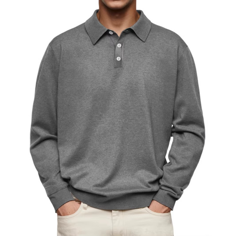 Men's Long Sleeve Knit Polo with Button Placket in Gray