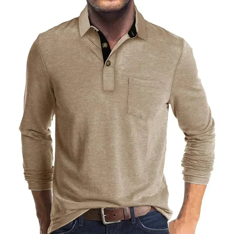 Men's Long Sleeve Polo Shirt with Chest Pocket in Khaki