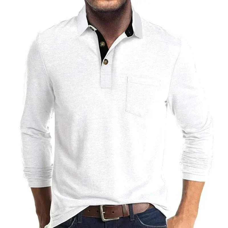Men's Long Sleeve Polo Shirt with Chest Pocket in White