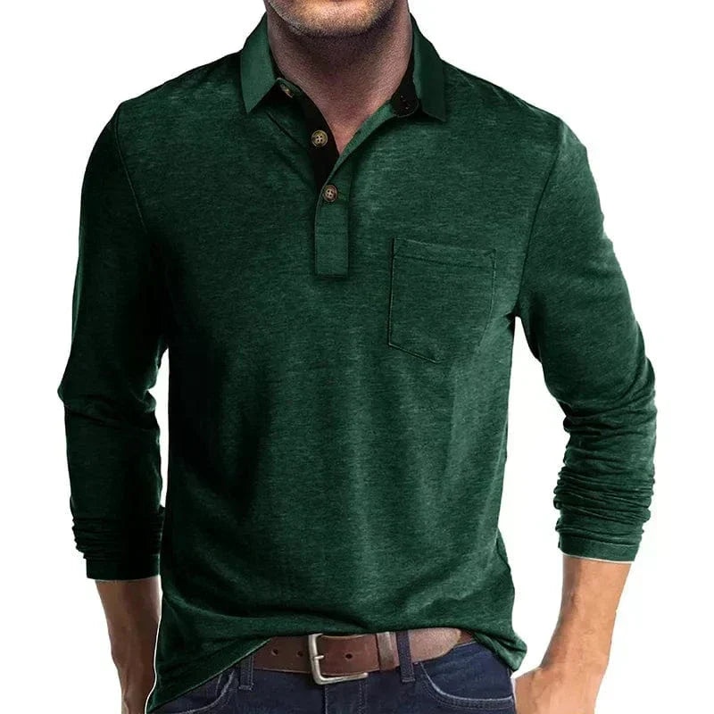 Men's Long Sleeve Polo Shirt with Chest Pocket in Green